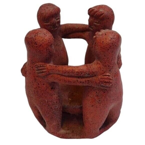 Vintage Aztec Mayan Folk Art Circle of Friends (4) Clay Pottery Candle Holder - Picture 1 of 7